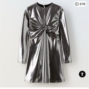 Zara Metallic Silver Long Sleeve Party Dress Size 7